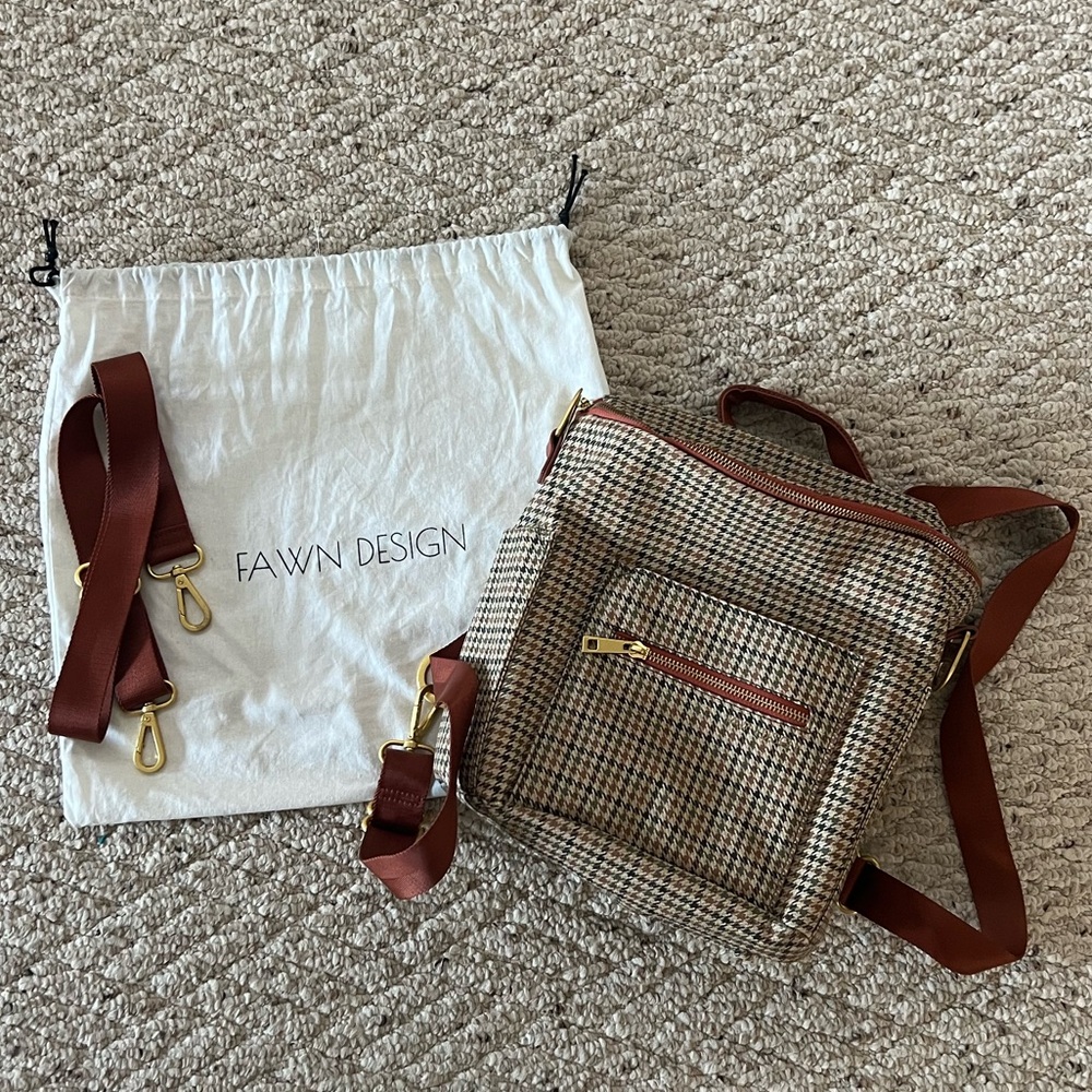 Fawn Design Vegan Leather Diaper Bag Backpack Houndstooth Plaid Limited Edition